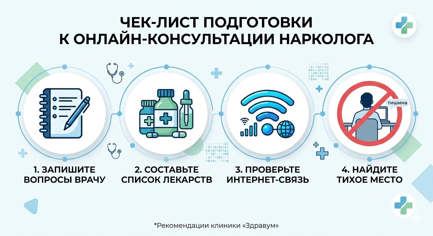 Чек-лист подготовки к онлайн-консультации нарколога