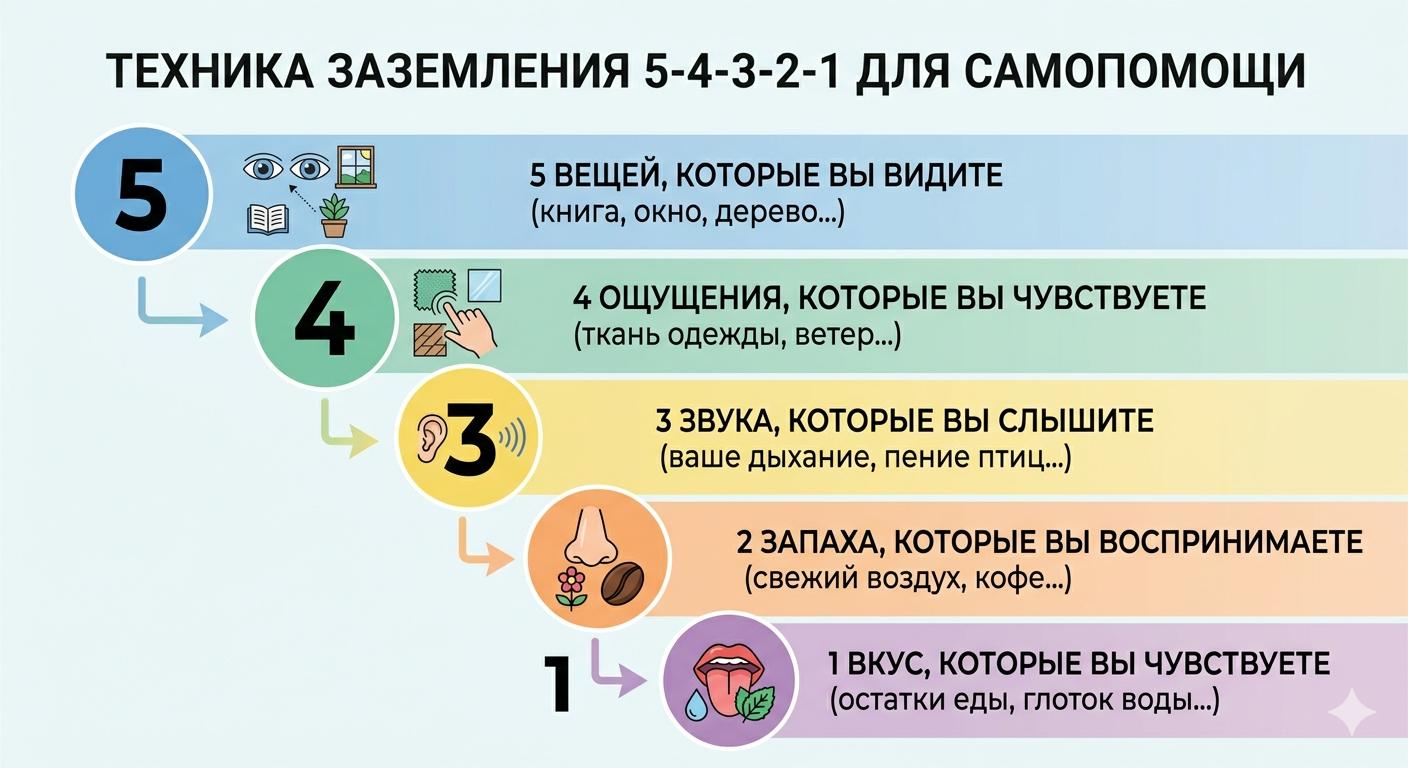 Инфографика с упражнением заземления Пять-четыре-три-два-один для быстрого снятия симптомов тревоги и паники.