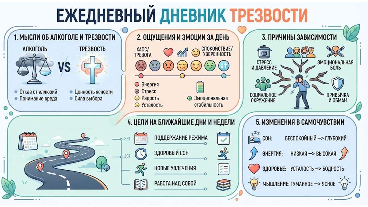 Инфографика в виде дневника трезвости с пятью разделами.