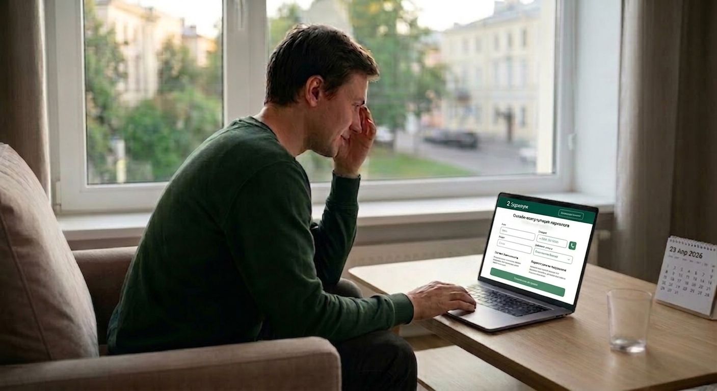 Мужчина заполняет форму на сайте клиники для записи на онлайн-консультацию нарколога